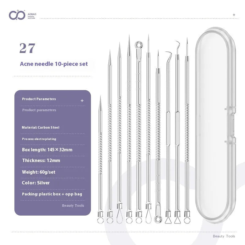 Four silver metal acne needles with fine pointed tips for blackhead removal.