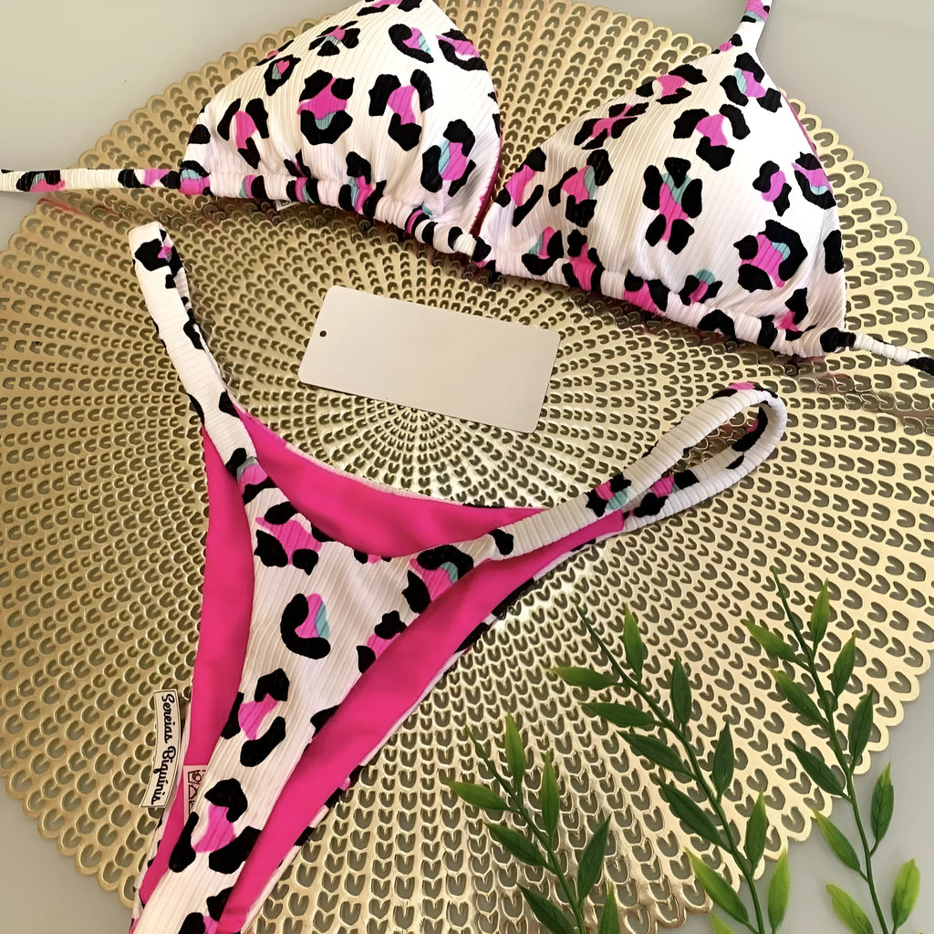 Women's printed bikini swimsuit with quick-drying fabric shown in one of three available colour options