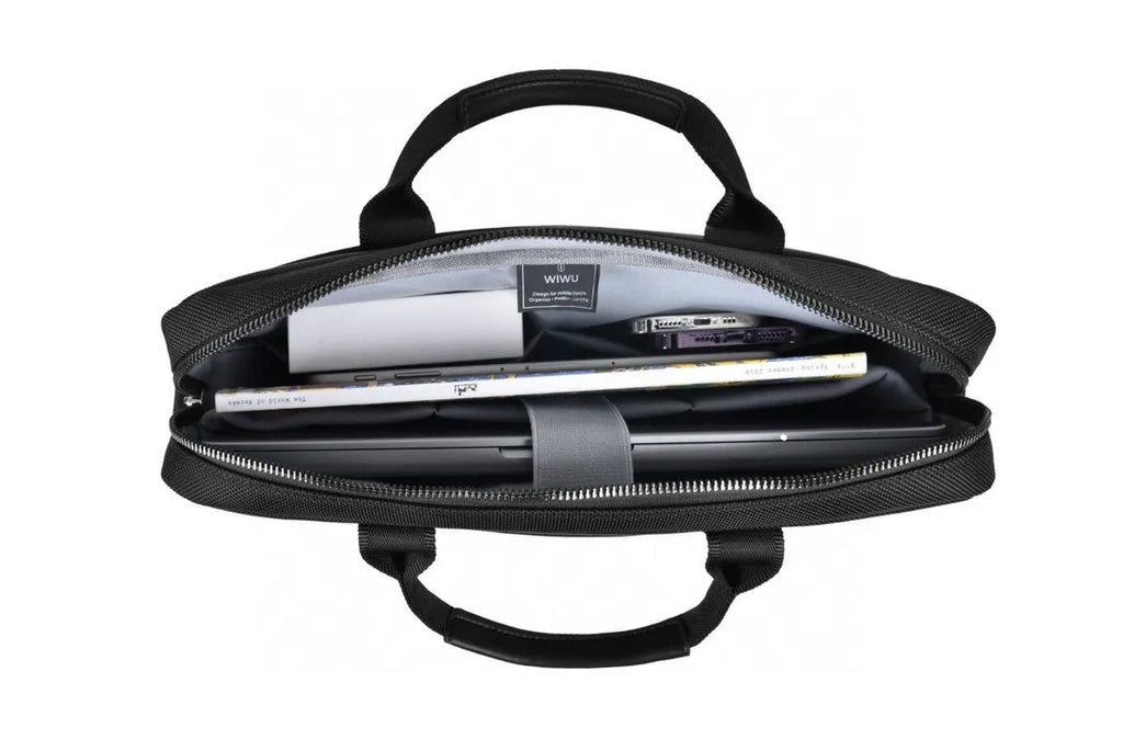 Black Oxford cloth laptop backpack showing multi-pocket design and lock closure, sized for 14 or 15.6 inch devices.