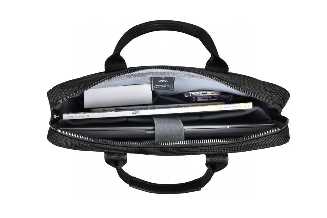 Black Oxford cloth laptop backpack showing multi-pocket design and lock closure, sized for 14 or 15.6 inch devices.