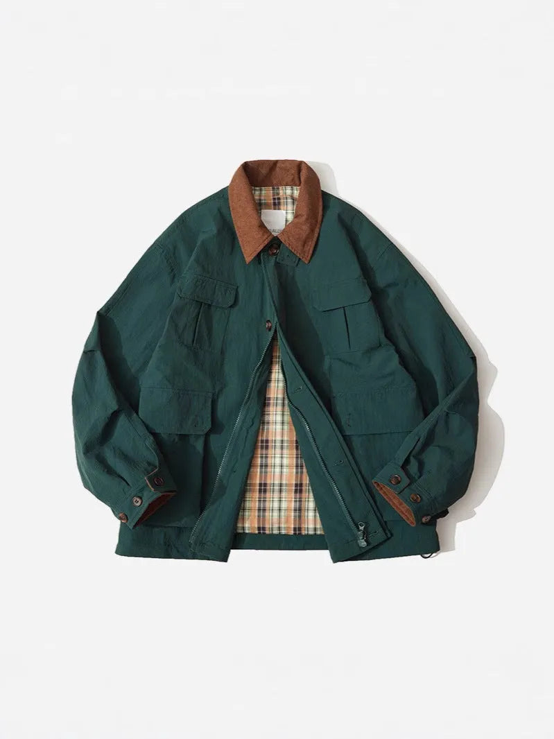 Men's and women's apricot and green polyester casual jacket with contrast panels and side pockets.