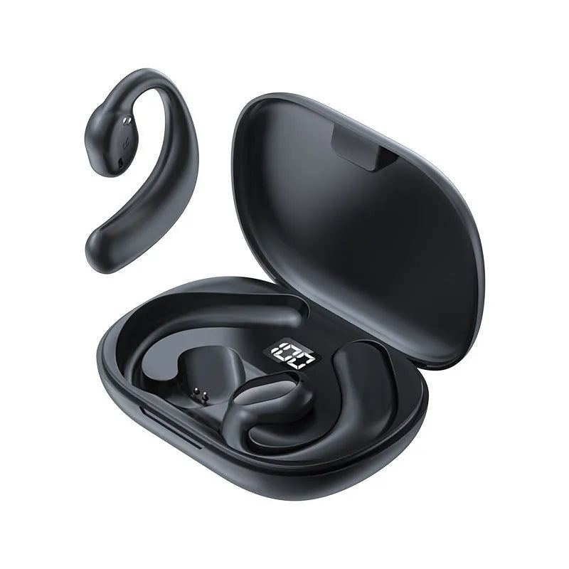Black or white ear-mounted Bluetooth headset with digital display screen, shown with charging cable