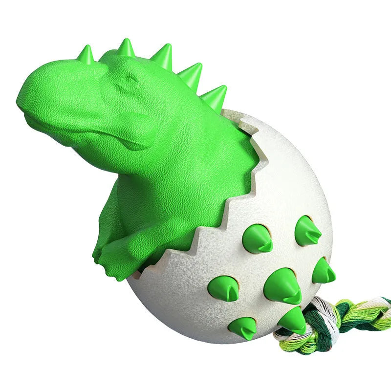 Blue durable rubber dog chew toy with rope and dinosaur design for aggressive chewers