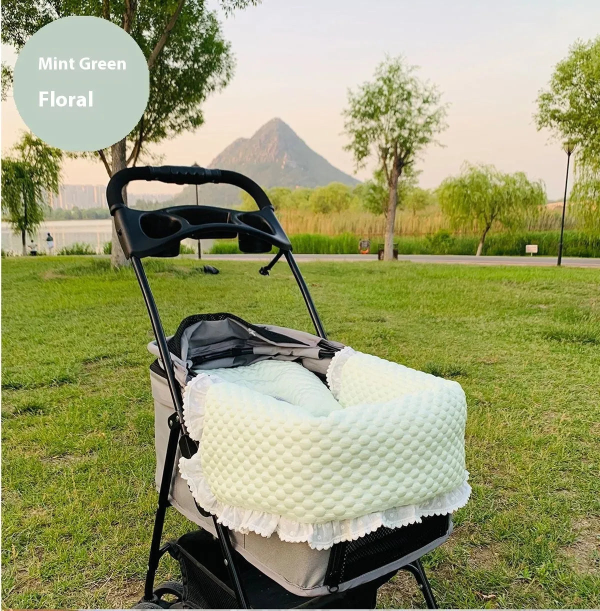 Pure cotton pet stroller cushion set with removable towel, cushion and pillow in floral pattern