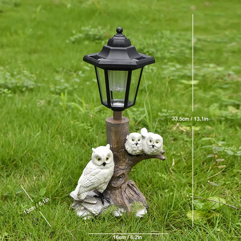 Solar-powered hexagonal garden lamp in American country style resin, showing decorative animal figure design option.