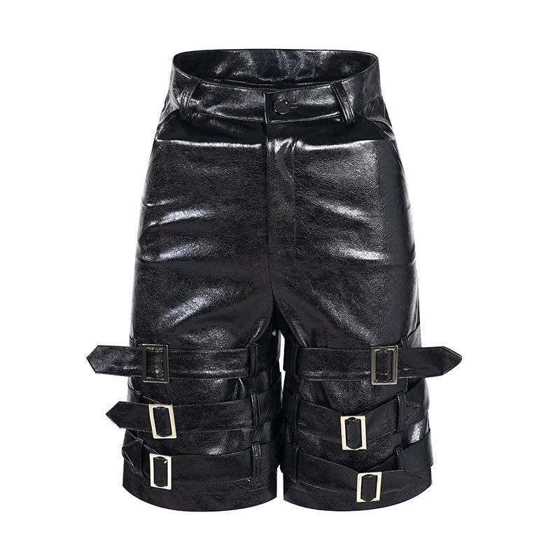 Men's black PU leather casual cropped shorts showing medium-low waist and polycarbaminate fibre material.