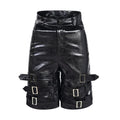 Men's black PU leather casual cropped shorts showing medium-low waist and polycarbaminate fibre material.