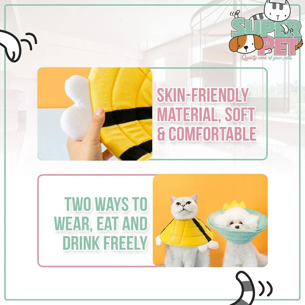 Soft white cat cone collar with black bee design and adjustable Velcro closure.