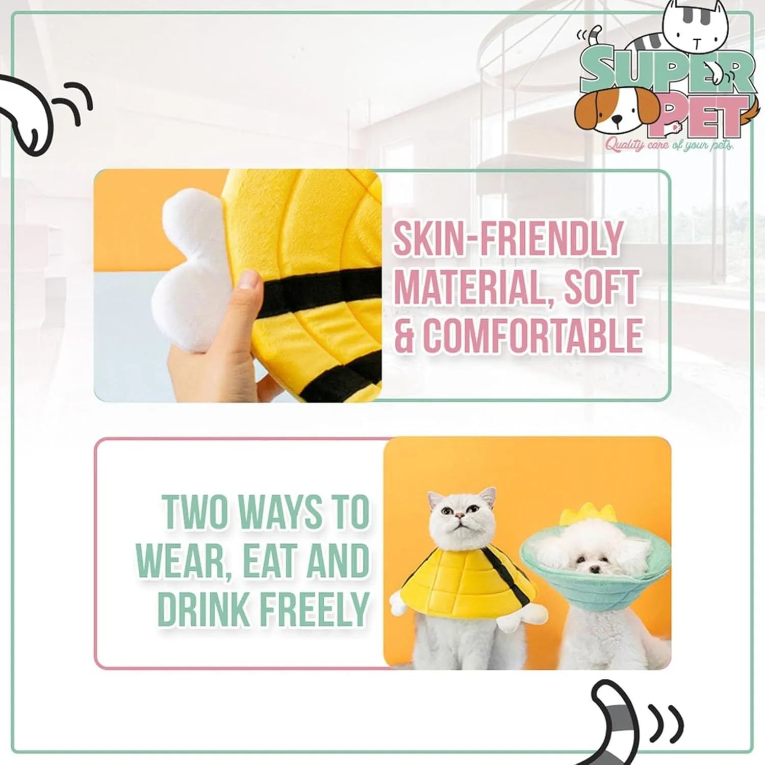 Soft white cat cone collar with black bee design and adjustable Velcro closure.