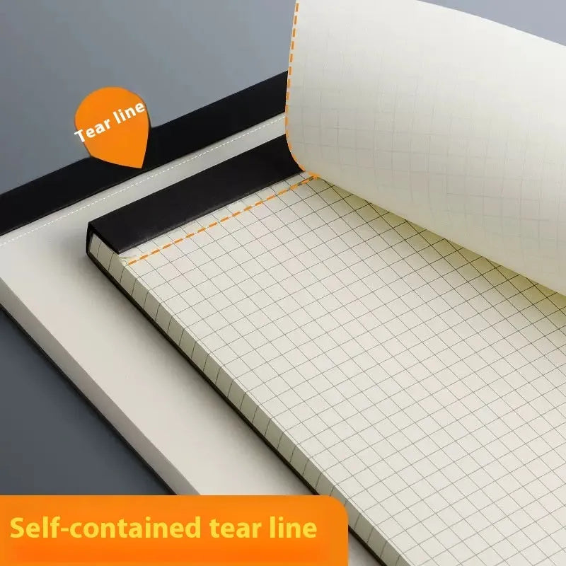 A5, B5 and A4 writing pads with blank, grid and horizontal line rulings showing tearable sheets