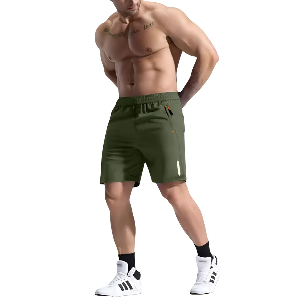 Men's grey bamboo blend sports shorts with elastic drawstring waist on a plain background.
