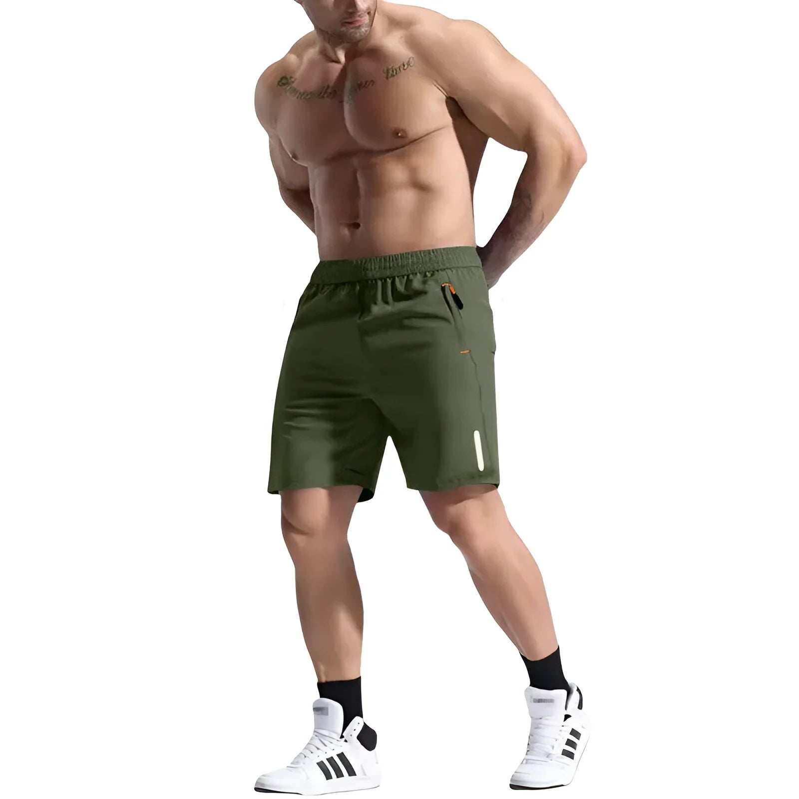 Men's grey bamboo blend sports shorts with elastic drawstring waist on a plain background.