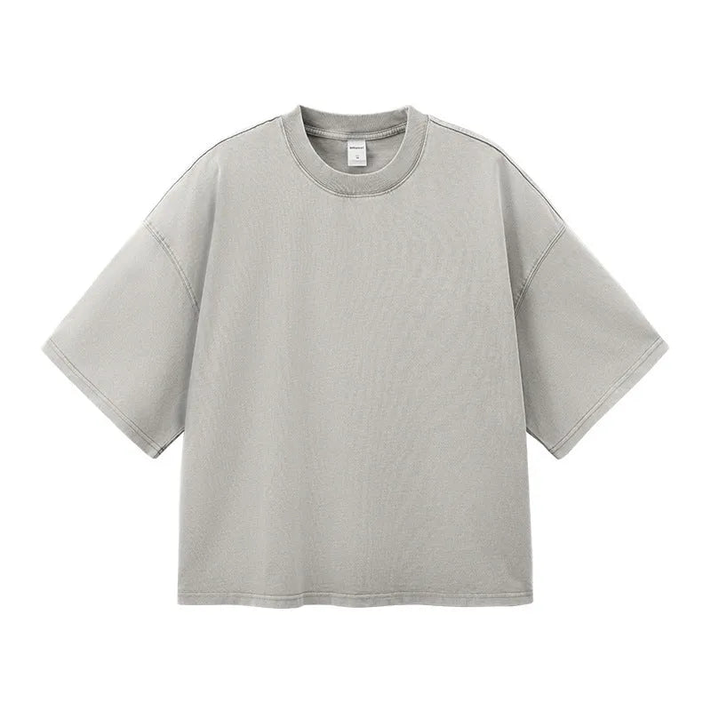 Men's vintage washed-out cotton T-shirt in khaki light colour with loose fit and drop-shoulder sleeves