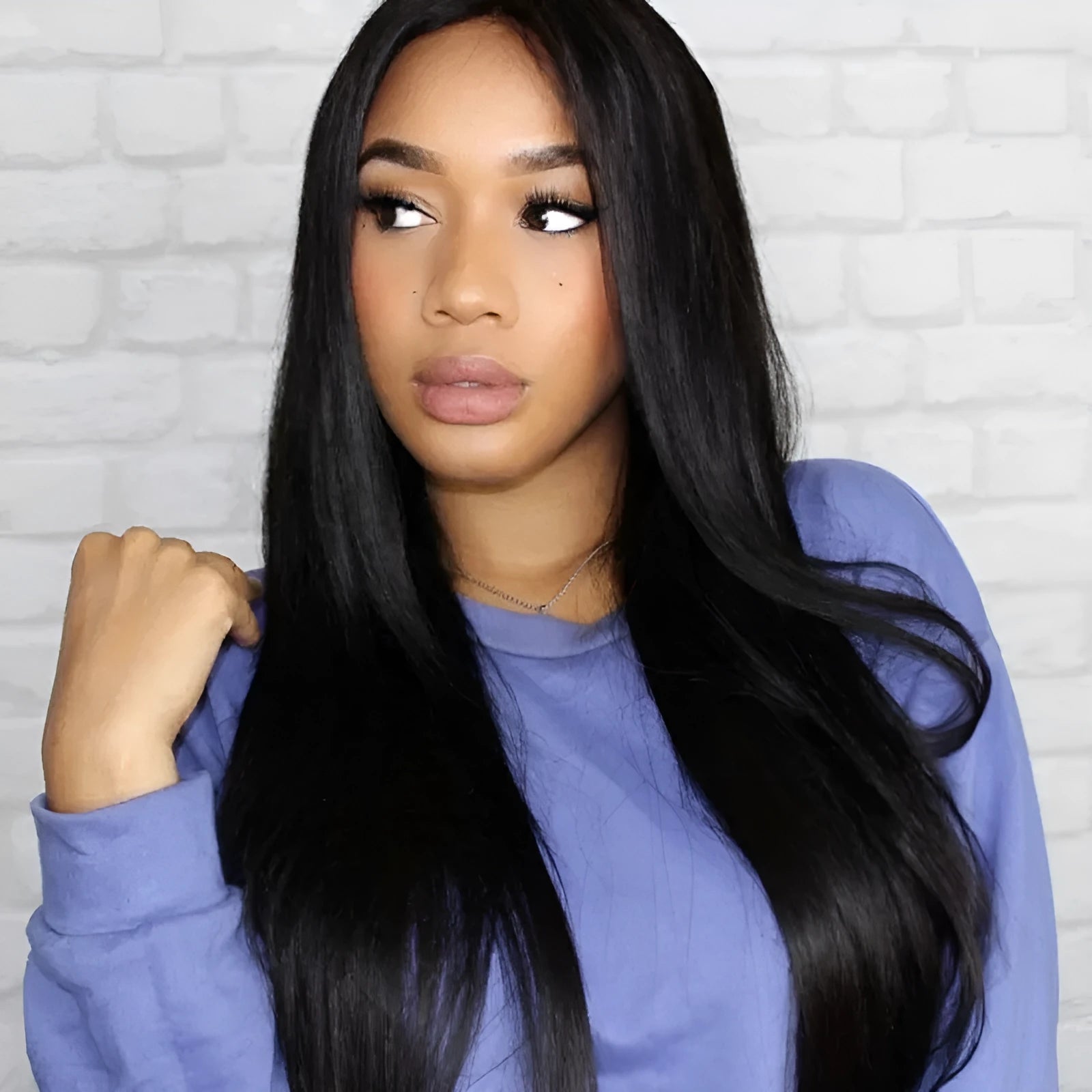 Long straight synthetic wig with centre-parted bangs in high-temperature fibre, black dark brown light brown colours
