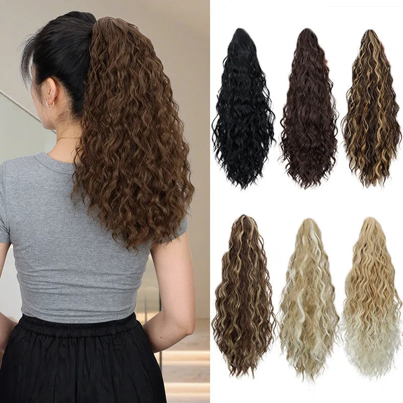 Synthetic corn curler wig with a textured water ripple grip ponytail, shown in a dark brown colour.
