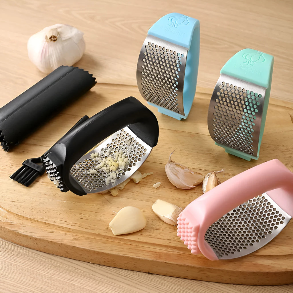 304 stainless steel garlic press in black, blue, green, or pink with modern design