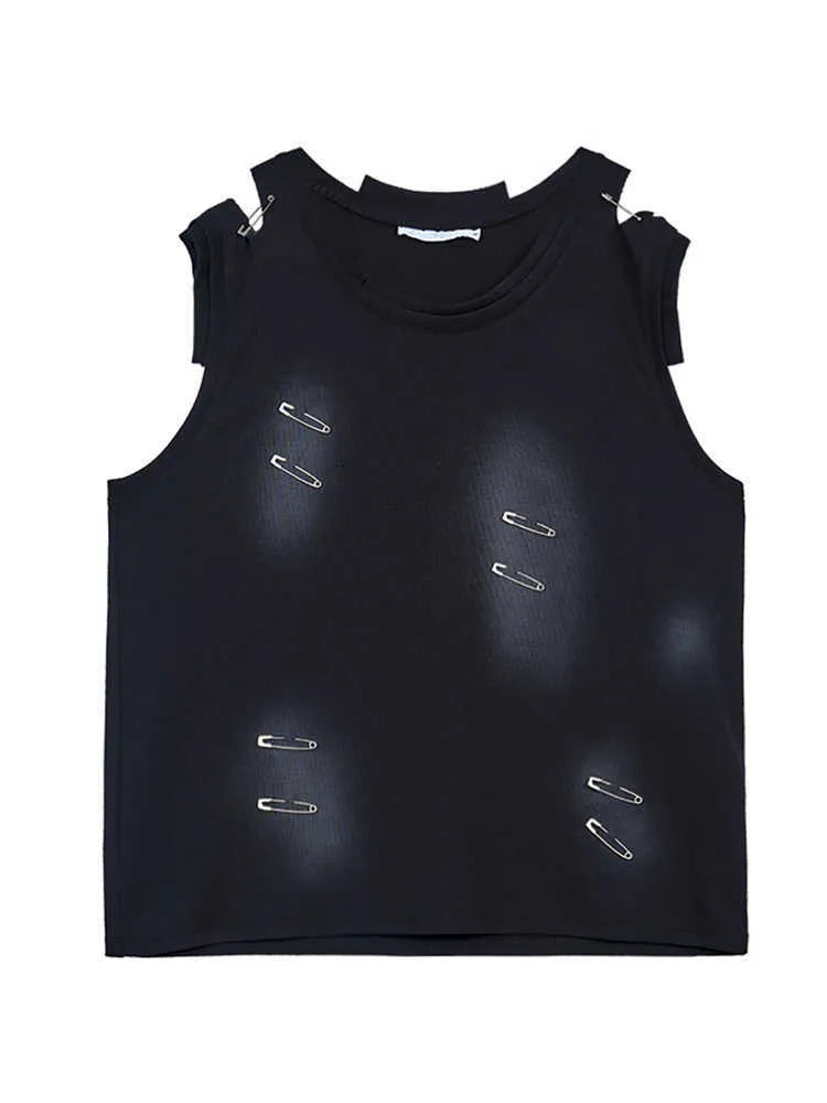Men's black sleeveless vest waistcoat with ripped irregular cutting design on mannequin