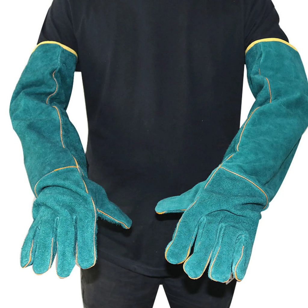 Dark green cowhide leather animal handling gloves with extended sleeve cuffs for bite protection.