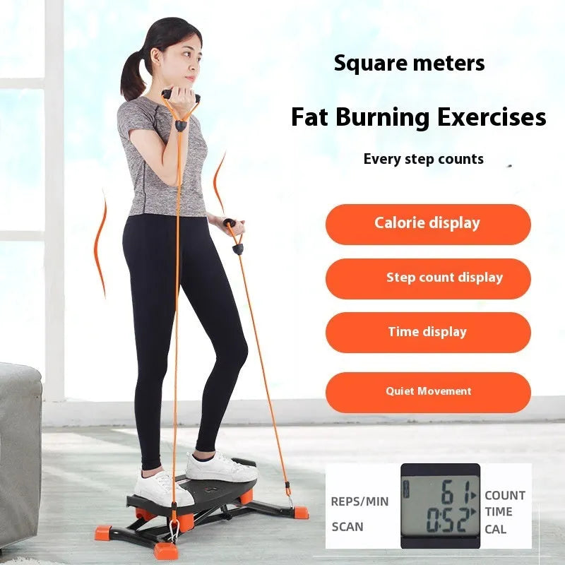 Black mini fitness skiing machine with elastic hand straps for indoor home exercise
