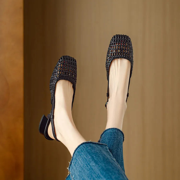 Women's beige woven closed toe sandals with square head and buckle strap
