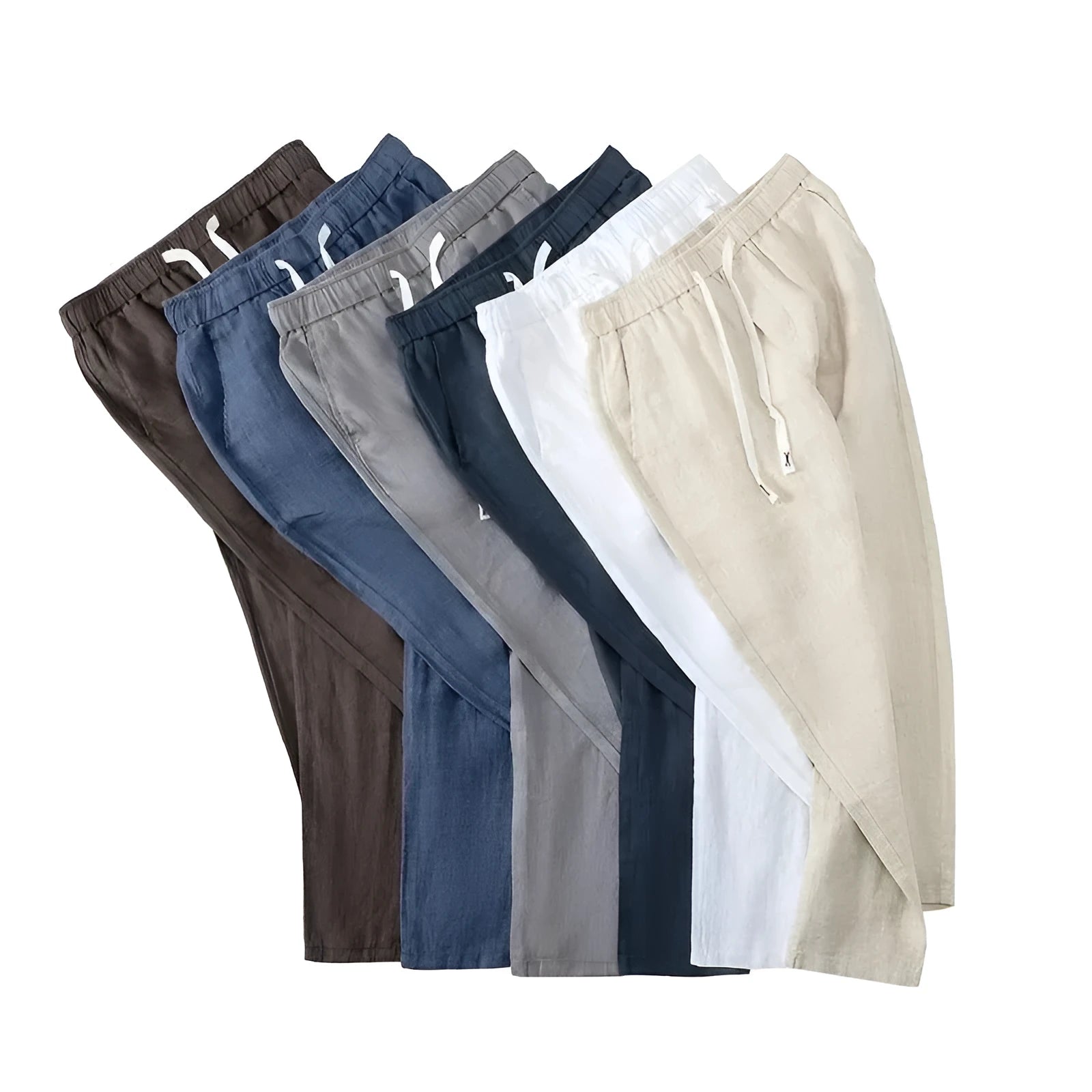 Chinese style Li Gao trousers in linen blend fabric with a drawstring waist, shown in a straight-leg cut.