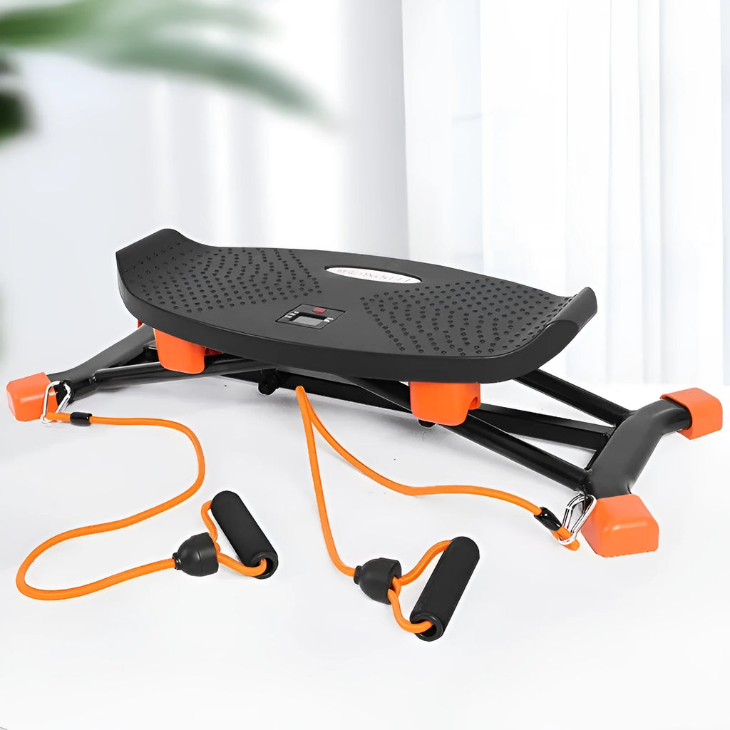 Black mini fitness skiing machine with elastic hand straps for indoor home exercise