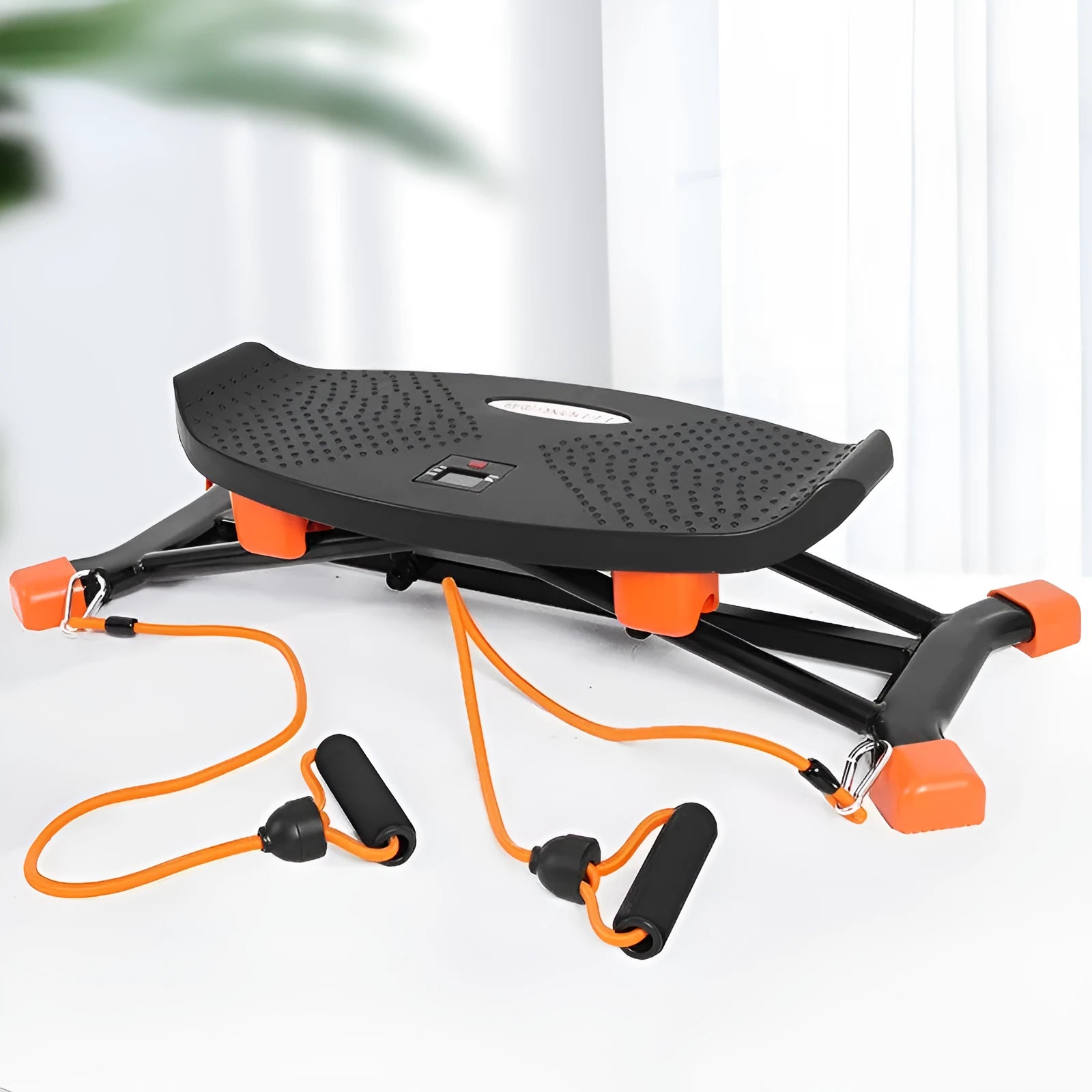 Black mini fitness skiing machine with elastic hand straps for indoor home exercise