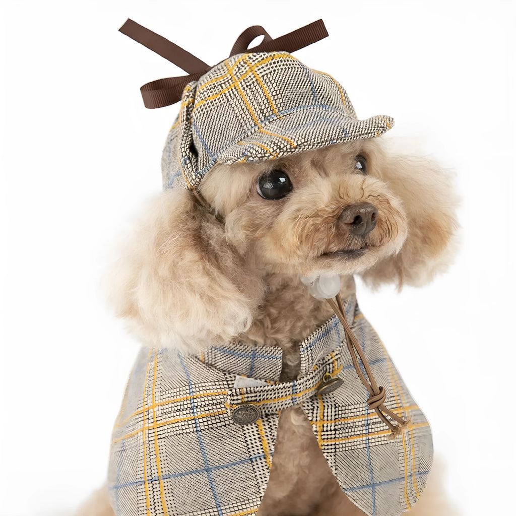 Camel detective dog costume in cotton with matching hat, available in sizes S, M and L