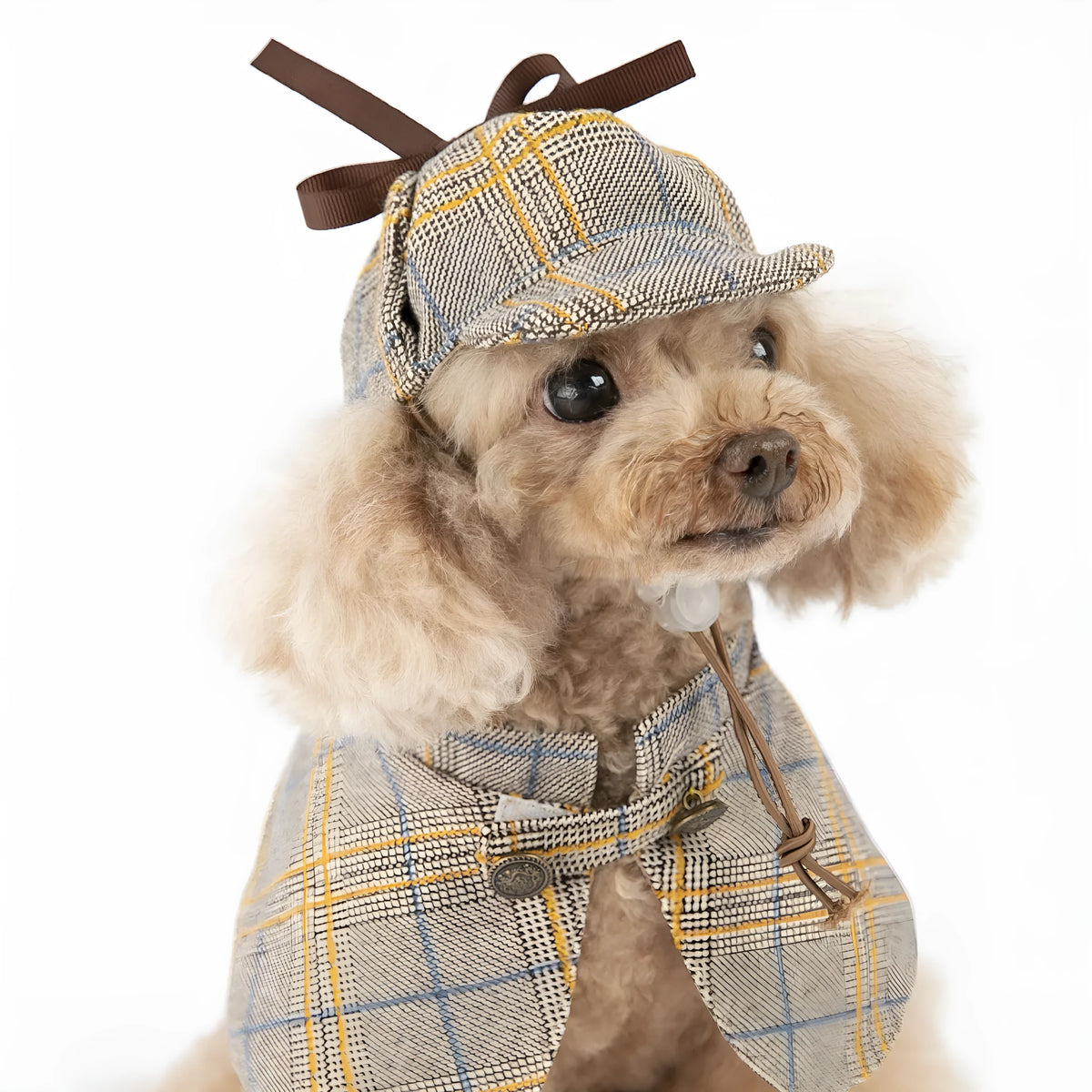Camel detective dog costume in cotton with matching hat, available in sizes S, M and L