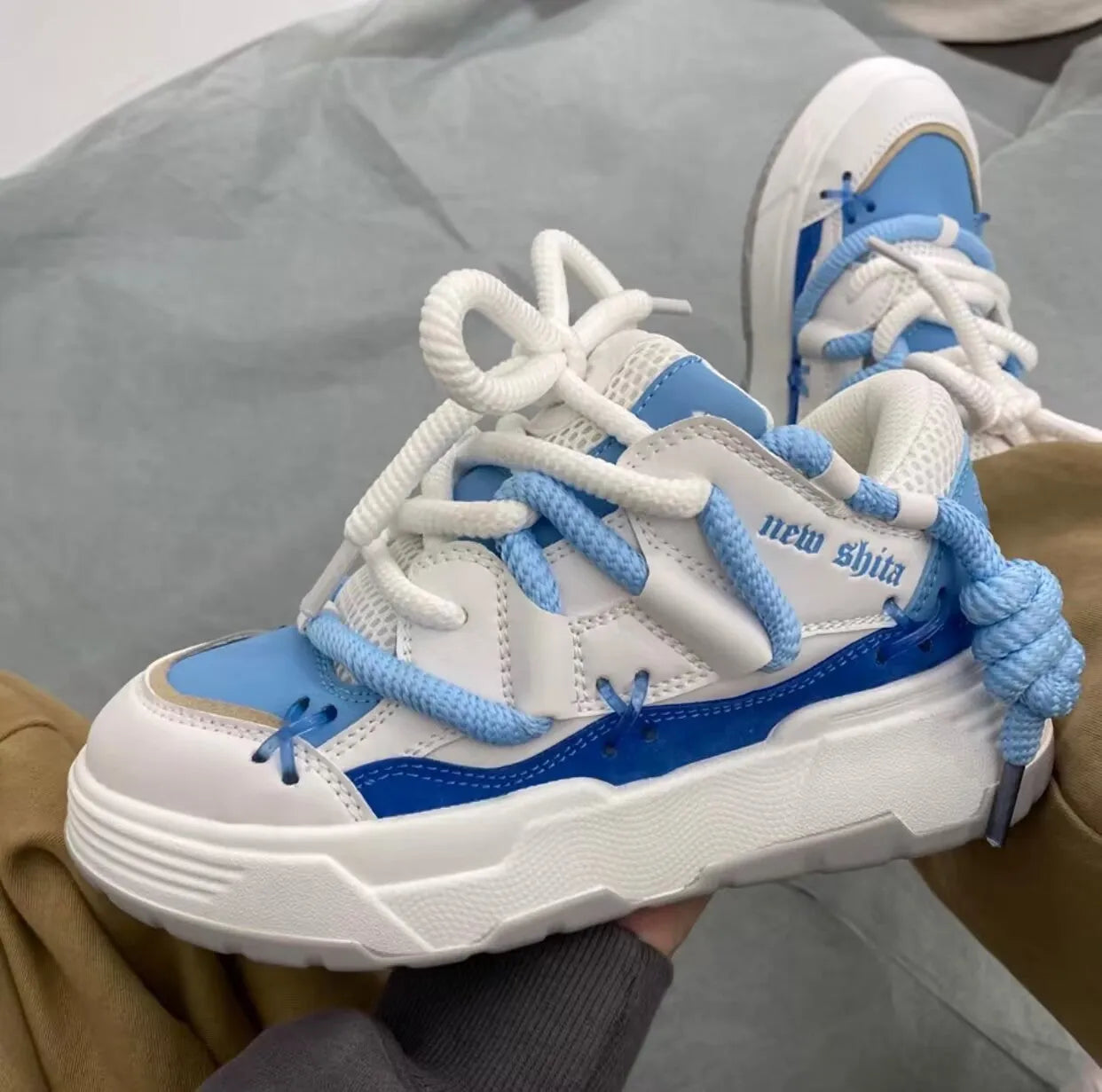 Women's grey retro sneakers with thick rubber sole and 6-8cm wedge heel for height increase