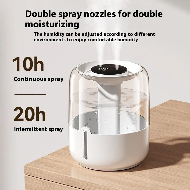 Beige round USB humidifier with digital display, dual spray nozzles and night light