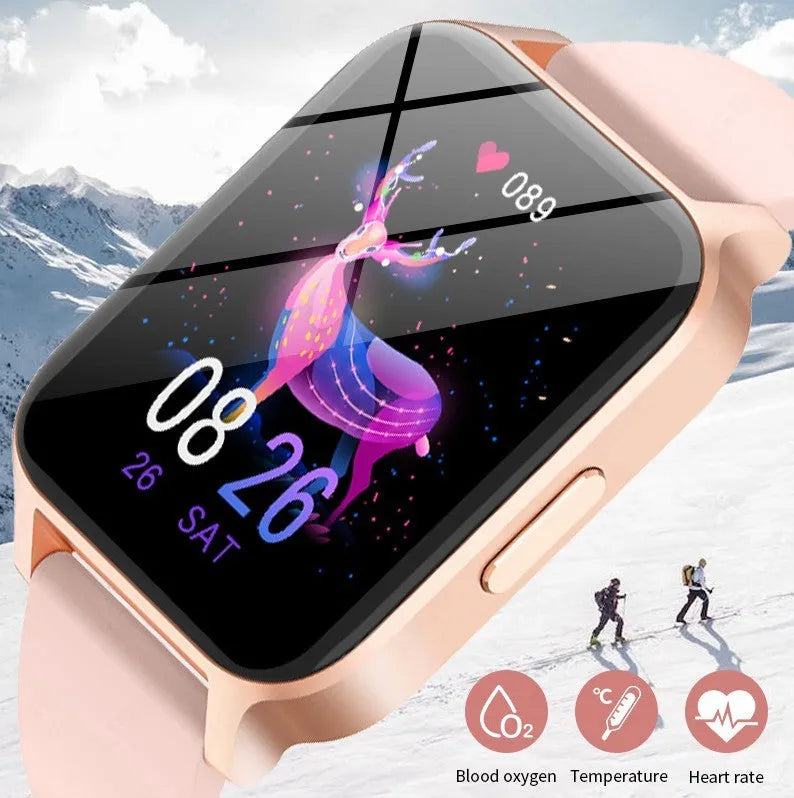Smart watch with colour screen showing health stats, with black mesh strap on wrist.