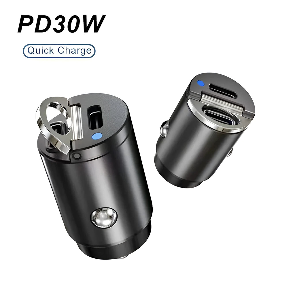 30W mini car charger with USB-C and QC3.0 ports in black zinc alloy housing