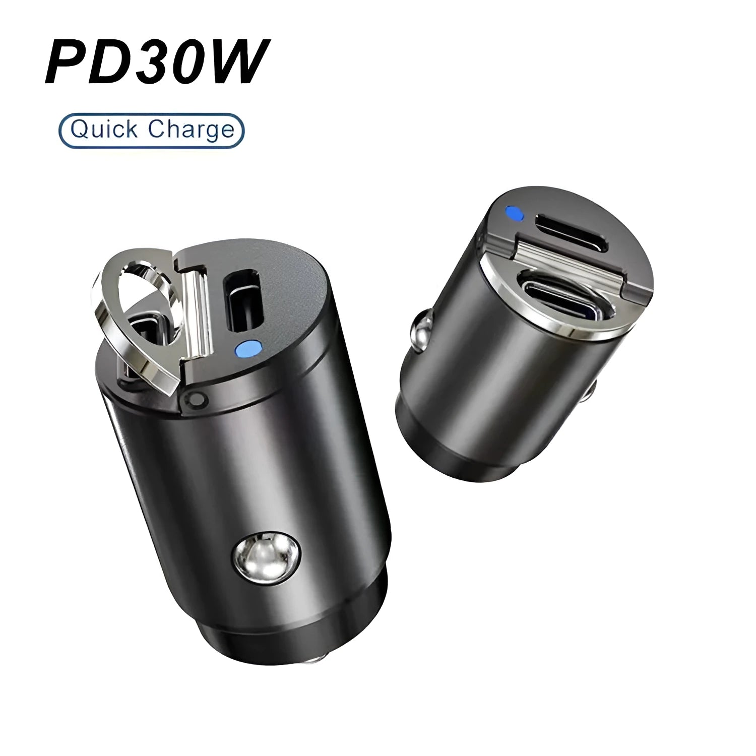 30W mini car charger with USB-C and QC3.0 ports in black zinc alloy housing