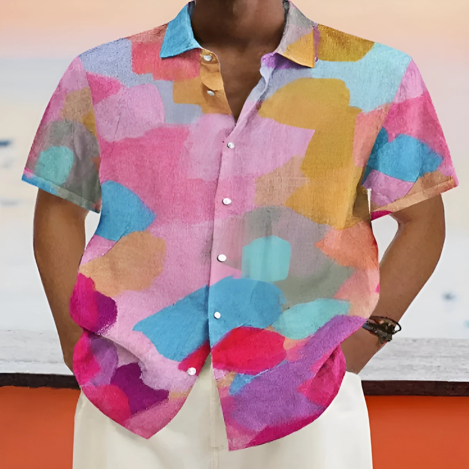 Hawaiian style loose fit cardigan shirt with short sleeves, stand collar, and a 3D printed design.