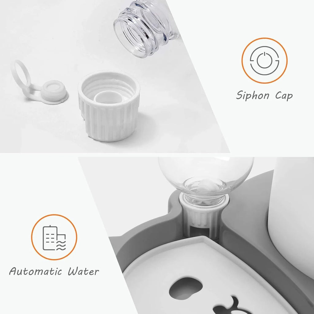 Panda-shaped elevated pet food and water bowl set with automatic dispenser bottle on stable base