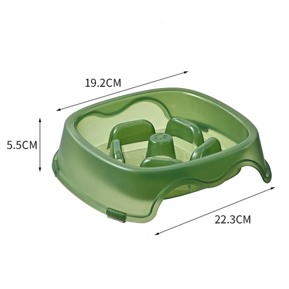 Blue plastic dog slow feeder bowl with anti-choking design on a white background