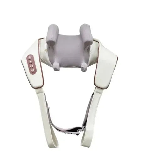 Milky white rechargeable shoulder and neck kneading massager on a plain background.
