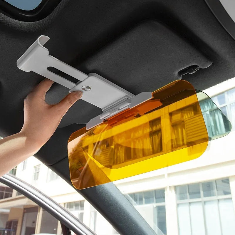 Anti-glare car sun visor with telescopic installation shown mounted on a vehicle sun visor