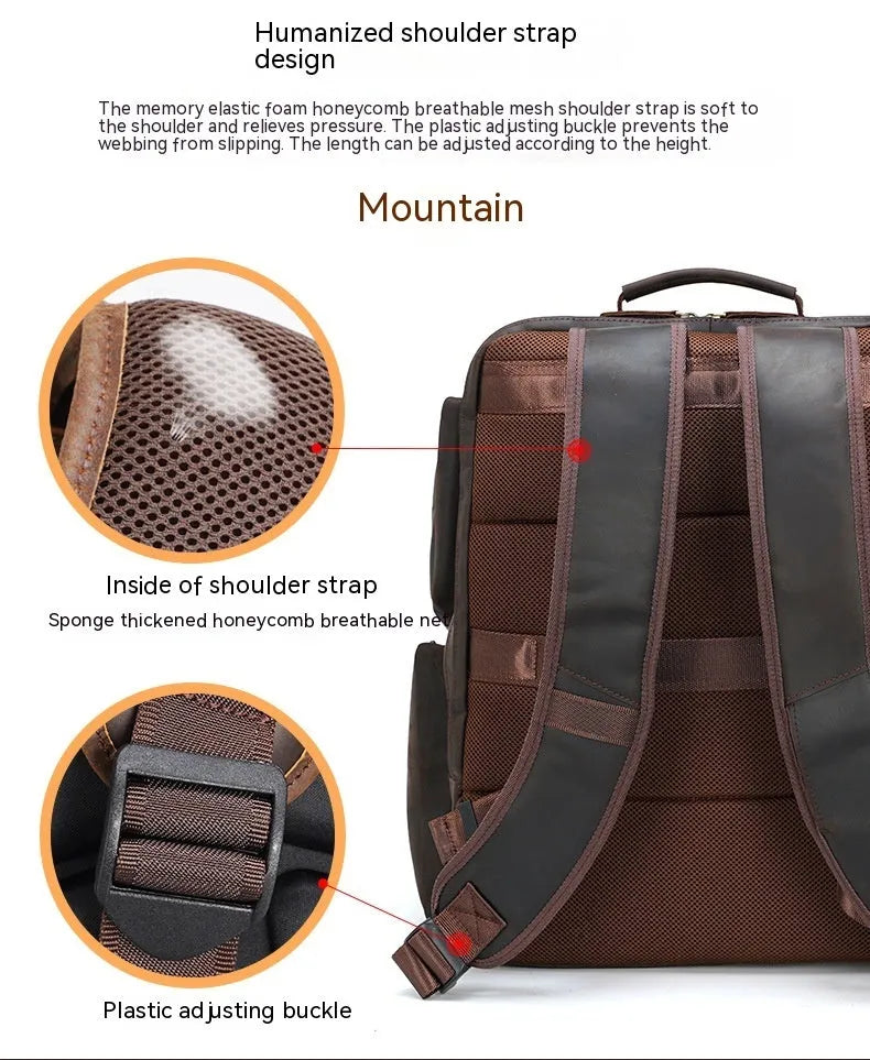 Dark brown genuine leather backpack with 17-inch laptop compartment and multiple organisational pockets