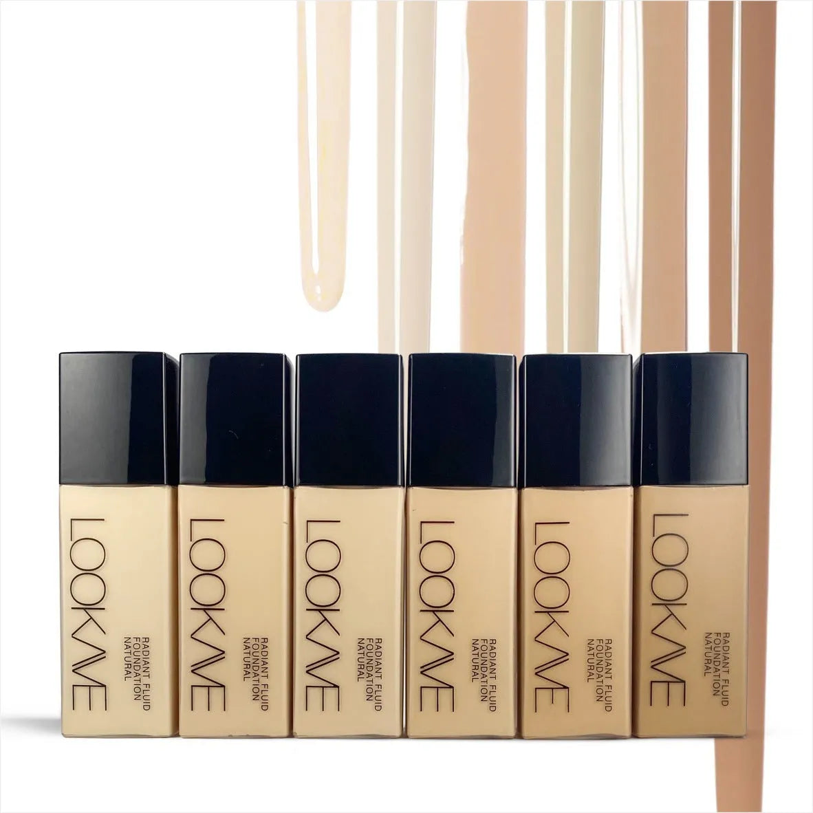 LOOKAVE matte liquid foundation bottle showing Ivory White shade, 21g waterproof formula with brightening effect.