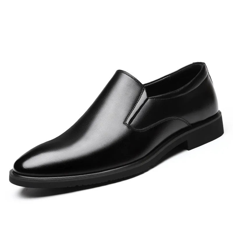 Men's black business casual slip-on shoes with a leather toe cap and sewing line detail.