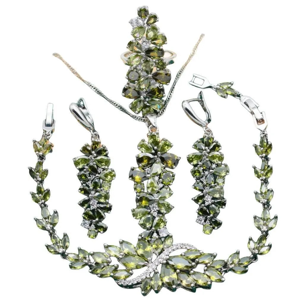 Complete retro jewellery set with floral pattern showing necklace, bracelet, earrings, and ring in olive, purple, or colourful finishes