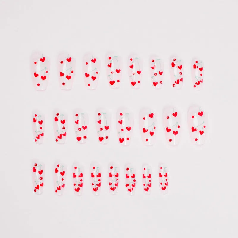 French Love red diamond and cherry design artificial nail tips with glue tube