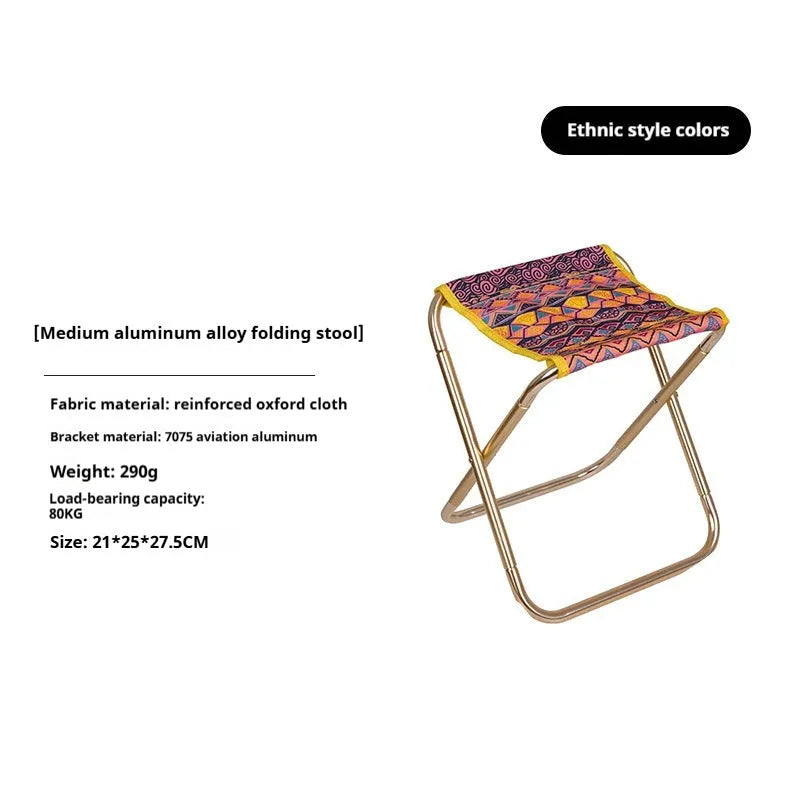 Black folding camping stool with an aluminium frame, shown in both open and folded positions.
