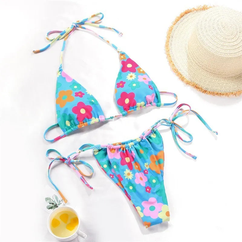 Women's polka dot split swimsuit bikini set with floral and gradient pattern options