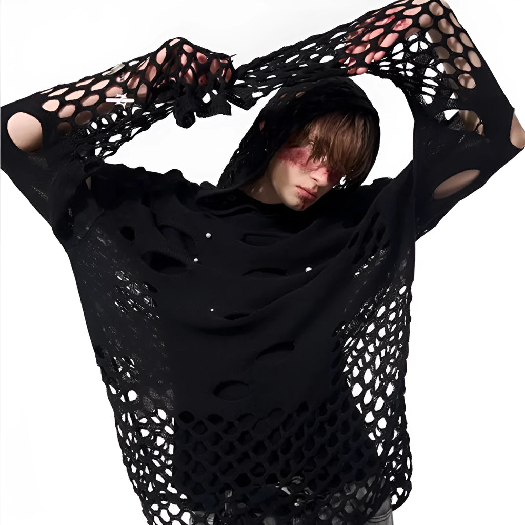 Men's black thin hoodie with hollow hood and front pearl decorative details.
