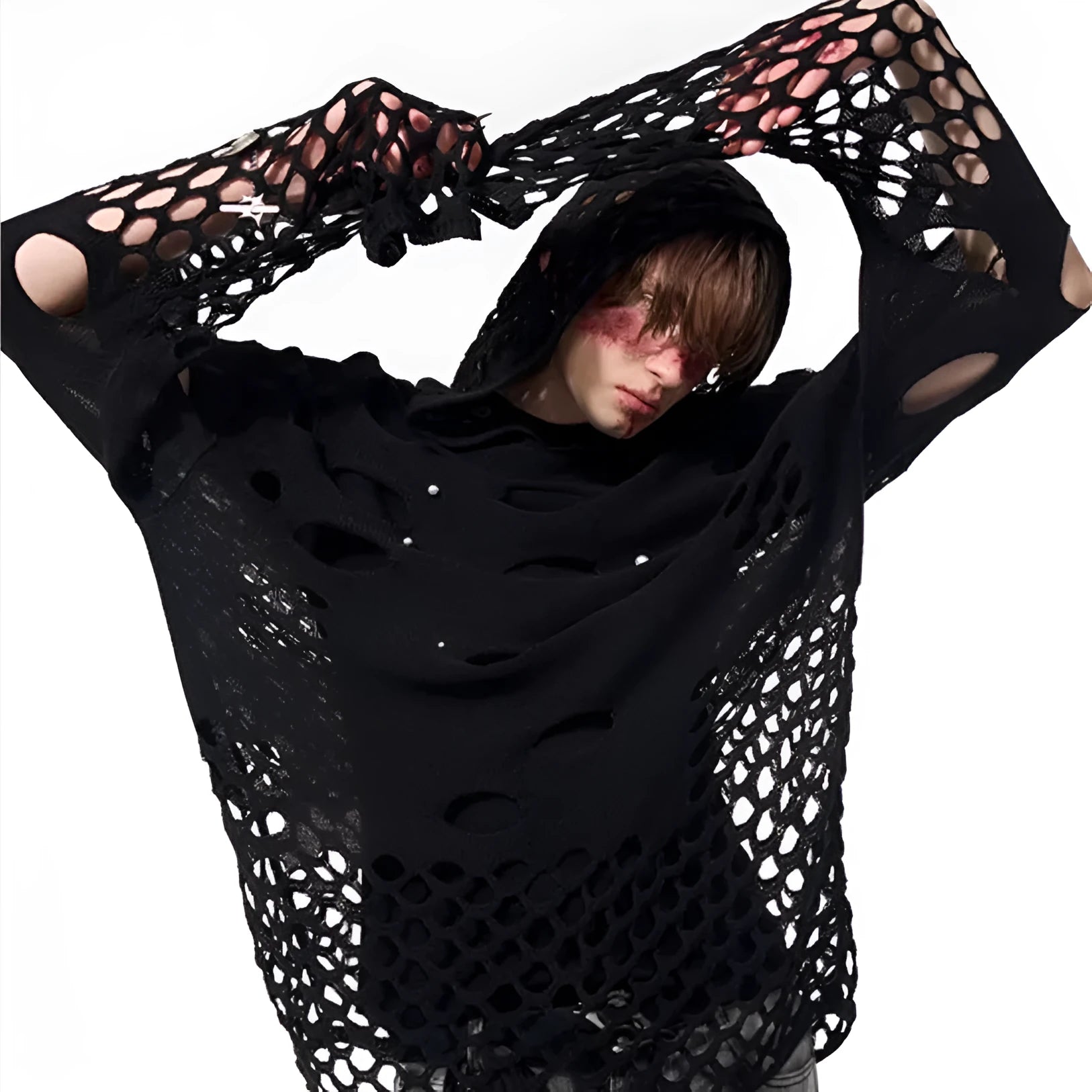 Men's black thin hoodie with hollow hood and front pearl decorative details.