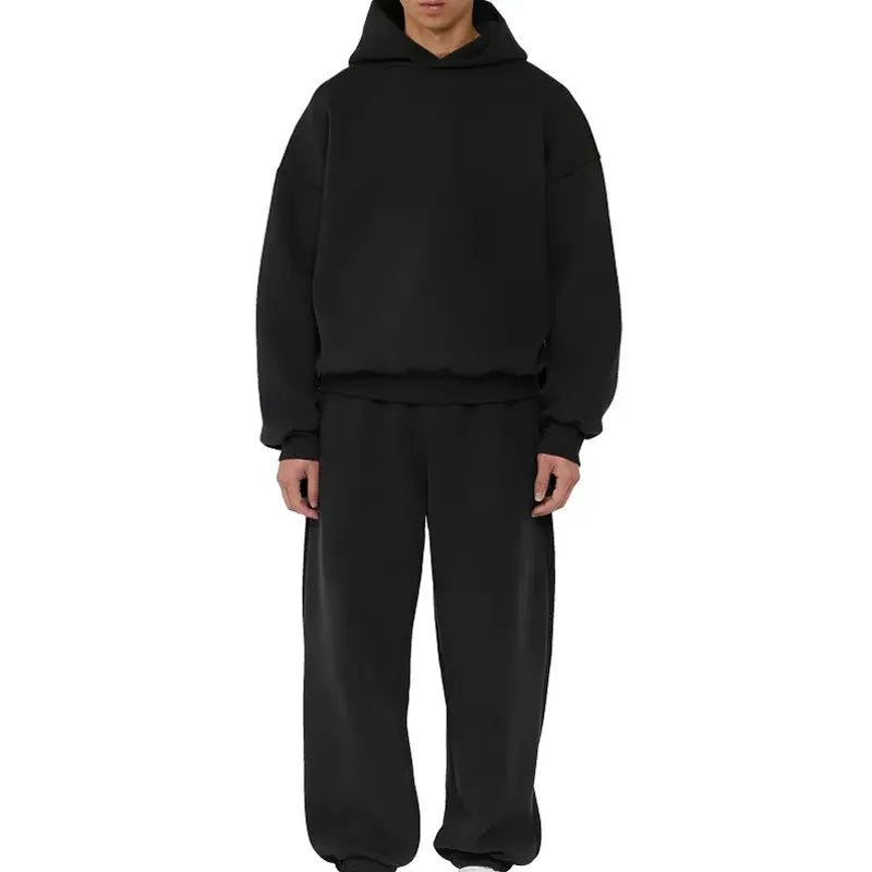 Men's grey fleece-lined cotton hoodie with wool lining, pullover style with threaded long sleeves