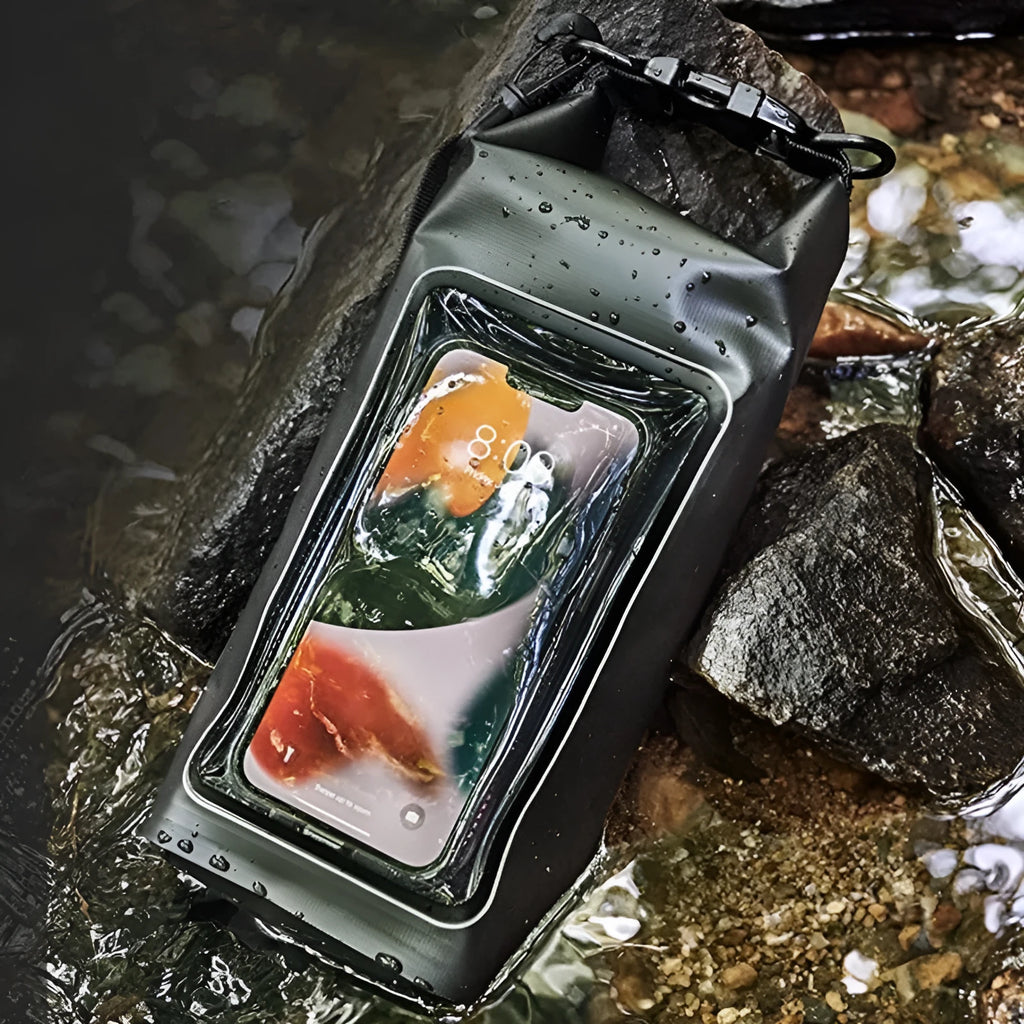 Waterproof crossbody dry bag for mobile phones in multiple colours, shown in 2L and 5L sizes.